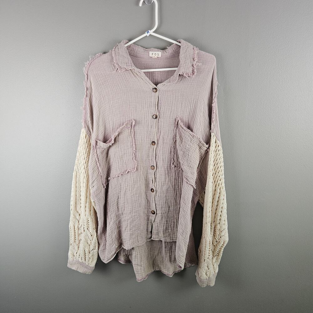 POL Boho Festival Crotchet Sleeve  Oversized Button Down Top Size S